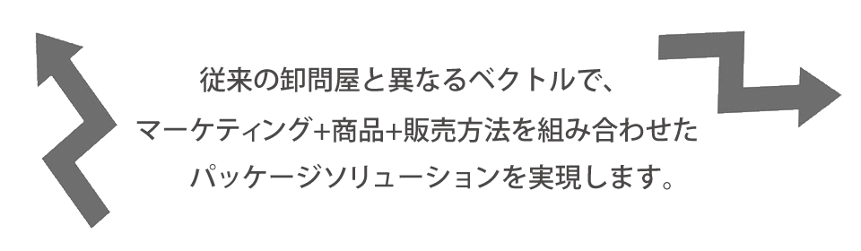 従来の卸問屋と異なるベクトルで、マーケティング
+商品+販売方法を組み合わせた、パッケージソリューションを実現します。