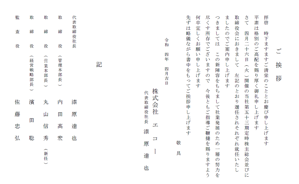 ご挨拶
拝啓　時下ますますご清栄のこととお慶び申しあげます。
平素は格別のご高配を賜り厚く御礼申しあげます
さて　四月二十八日開催の当社第五十三期定時株主総会並びに取締役会におきまして左記のとおり選任されそれぞれ就任いたしましたのでご案内申し上げます　つきましてはこの新陣容をもちまして社業発展のため一層の努力を尽くす所存でございますので今後ともご指導ご鞭撻を賜りますよう何卒よろしくお願い申しあげます。
代表取締役　漆原達也　取締役　内田高広　取締役　丸山信秀　取締役　濱田　聡　監査役　佐藤　忠弘　　