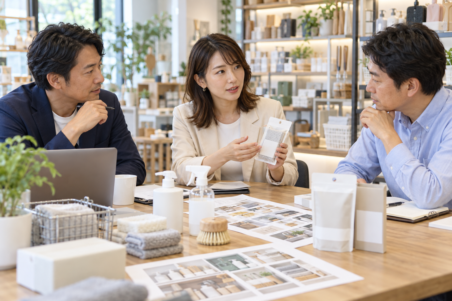商品サンプルを囲み売場提案を話し合う商談イメージ