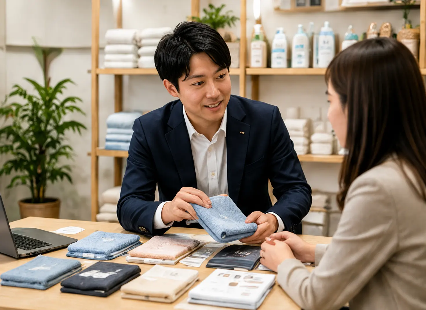 商品サンプルを見ながらバイヤーへ提案する商談イメージ