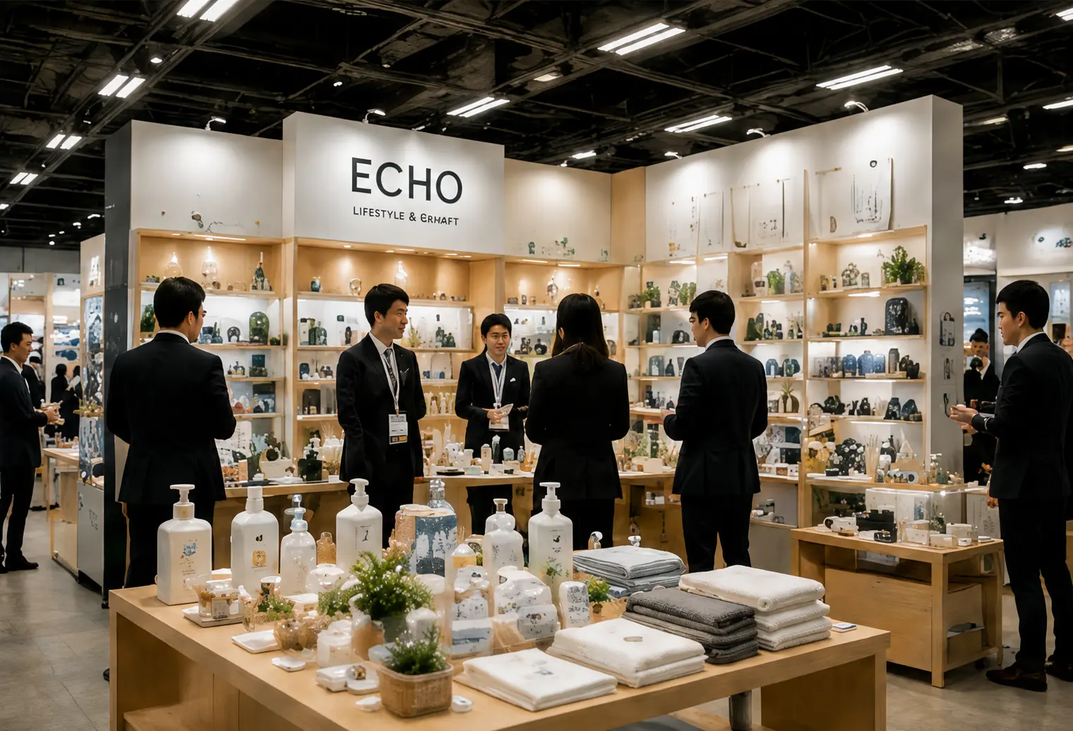 生活雑貨が並ぶ展示会ブースと商談のイメージ