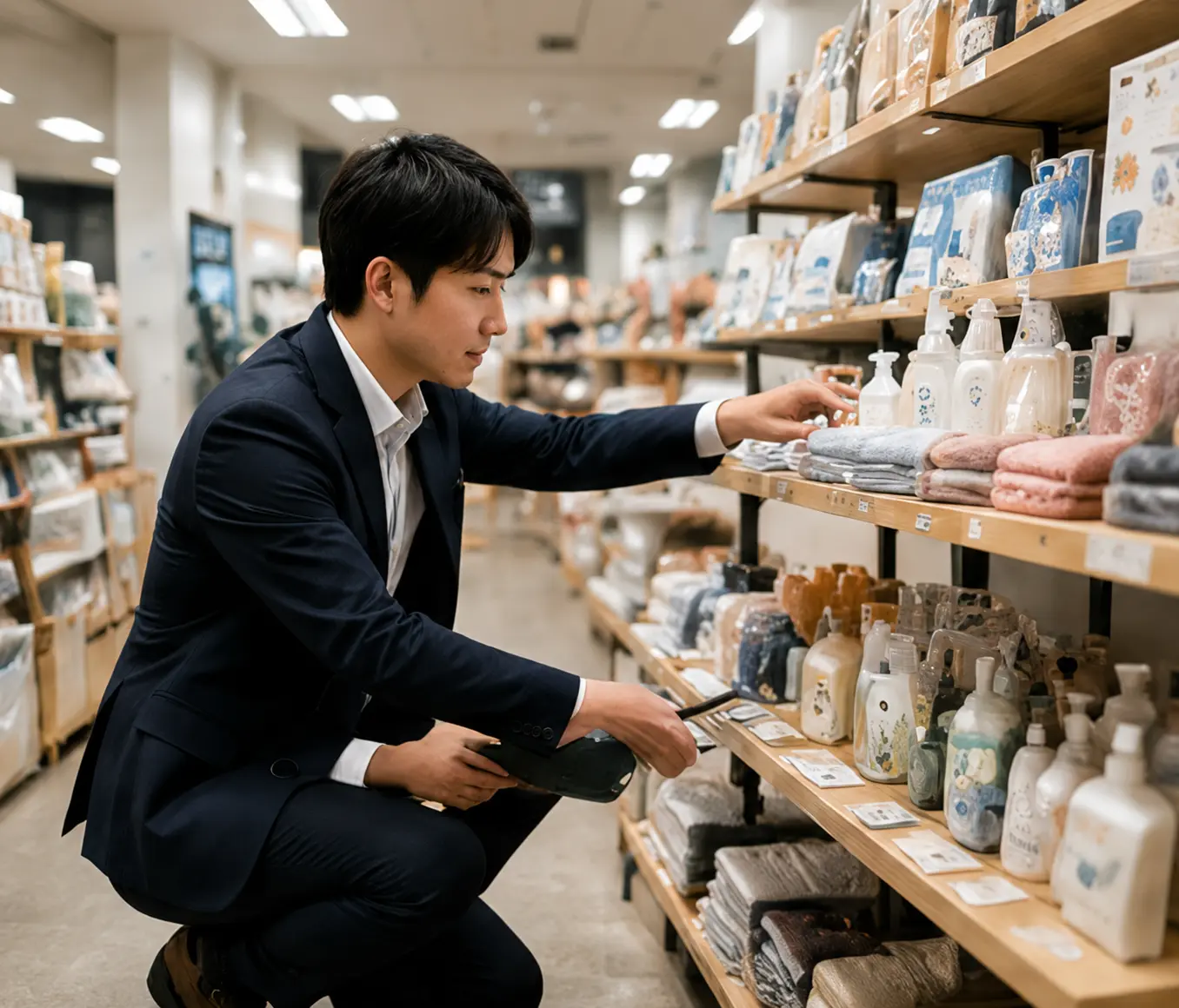 店舗で商品を並べながら売場づくりを確認するイメージ