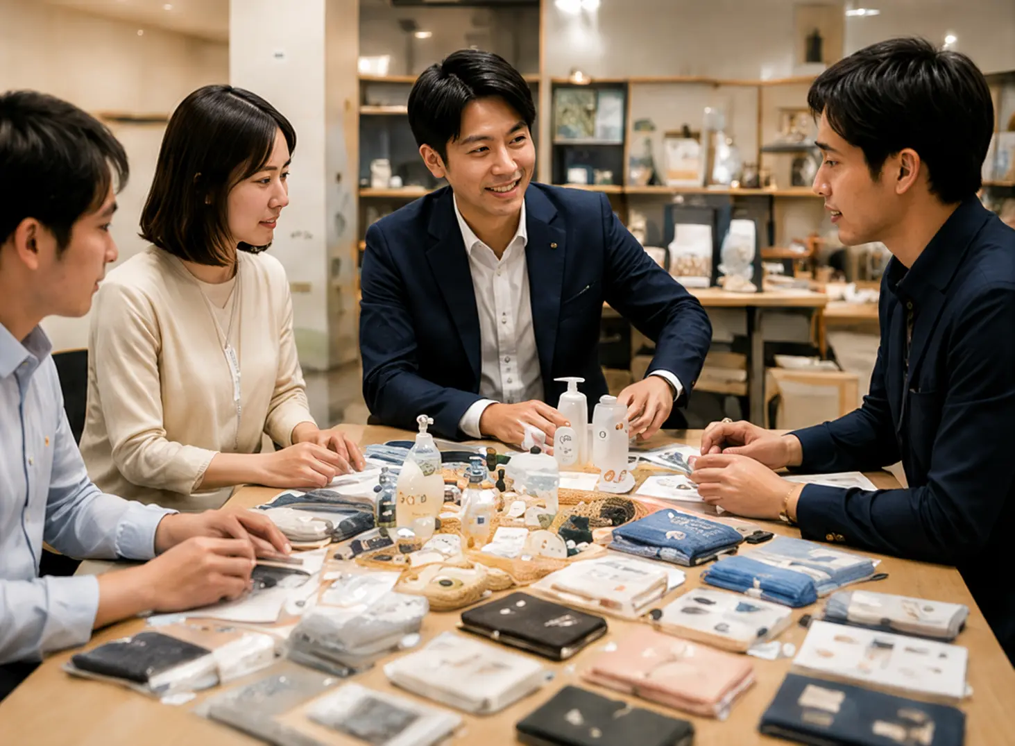 商品サンプルを囲みながら商品選定や企画を検討するイメージ
