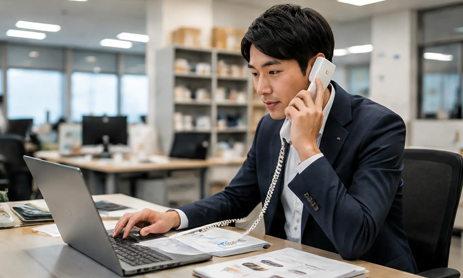営業社員が社内で電話やPC業務を行うイメージ